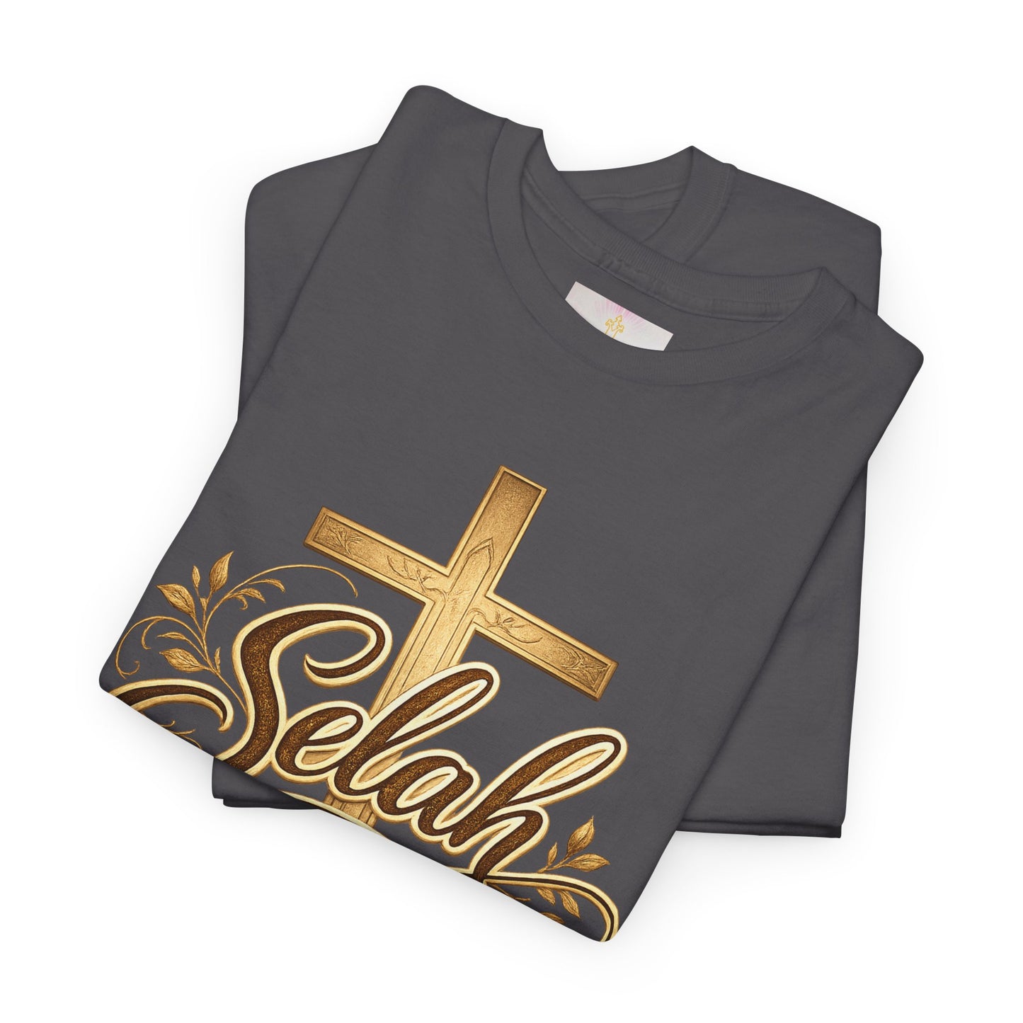Selah Cross Tee — Women's Christian T‑Shirt with Gold Script