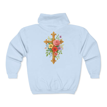 Blooming Faith Women's Zip-Up Hoodie with Floral Cross Design