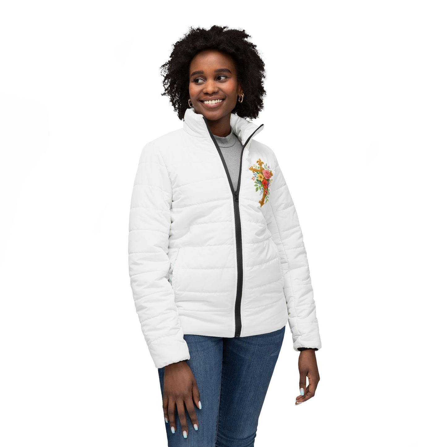 Blooming Faith Women’s Puffer Jacket – Floral Cross Crest