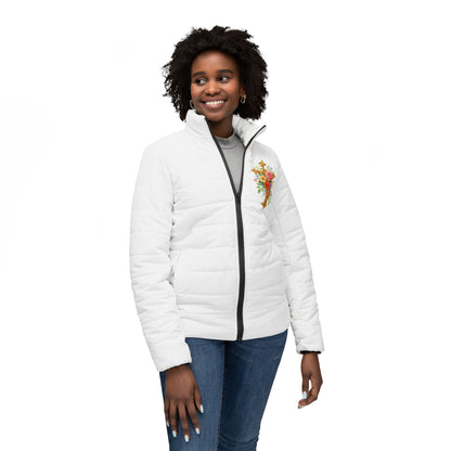 Blooming Faith Women’s Puffer Jacket – Floral Cross Crest