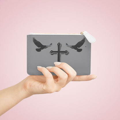 “Shadowed Faith” | Women’s Mini Clutch in Grey – Black Cross with Flanking Crows