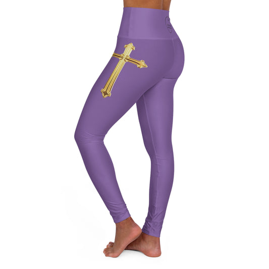 Gold Cross Women’s High-Waisted Yoga Leggings in Purple – Symbol of Eternal Victory
