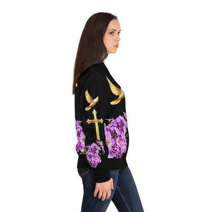 Heavenly Ascent – Gold Cross & Doves Women’s Bomber Jacket in Black