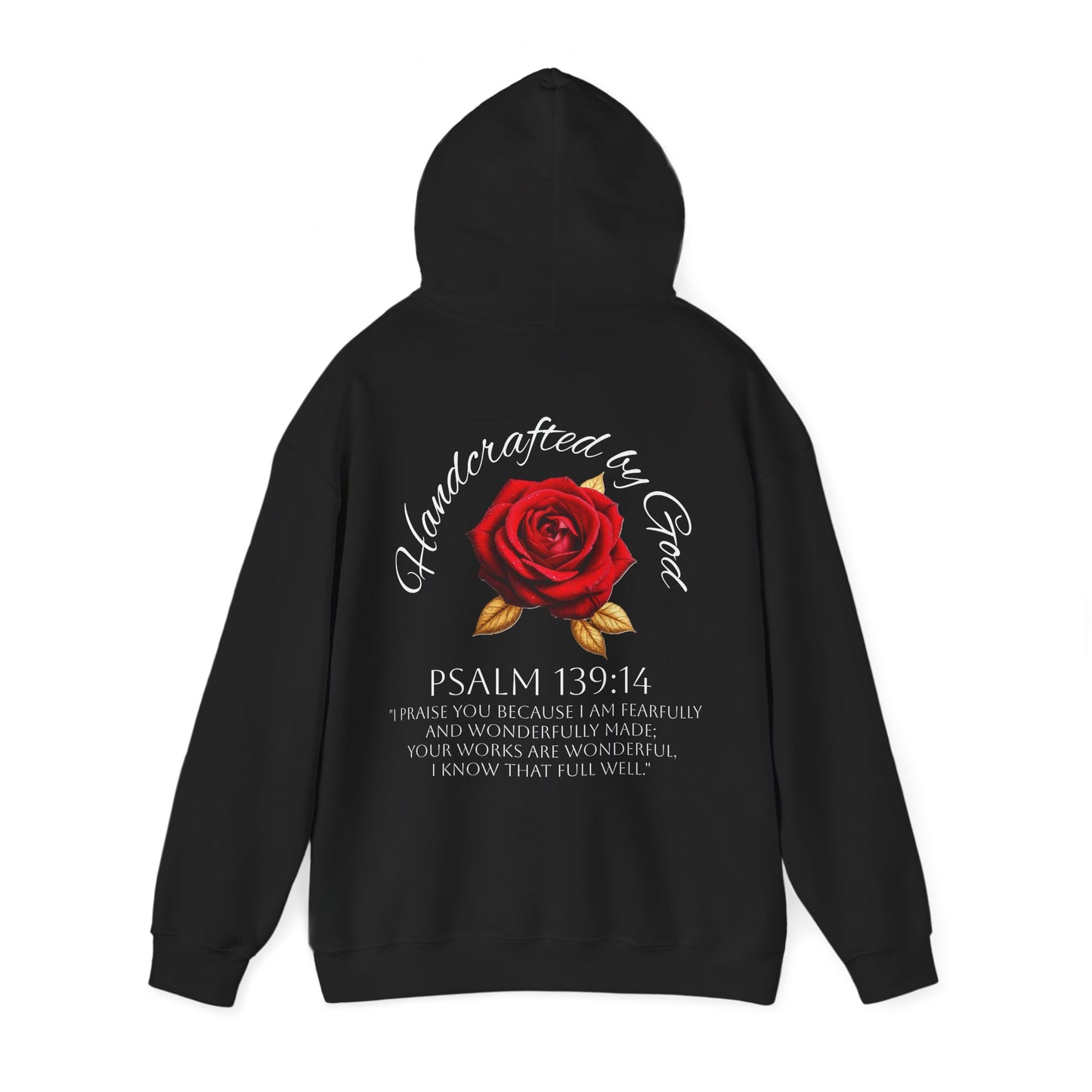 Handcrafted by God Rose Hoodie – White Lettering, Psalm 139:14