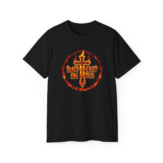 Men’s “Refined in Fire” Christian T-Shirt – Flame Text Spiritual Strength Tee