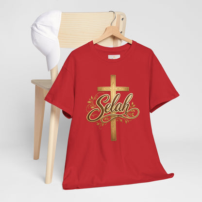 Selah Cross Tee — Women's Christian T‑Shirt with Gold Script
