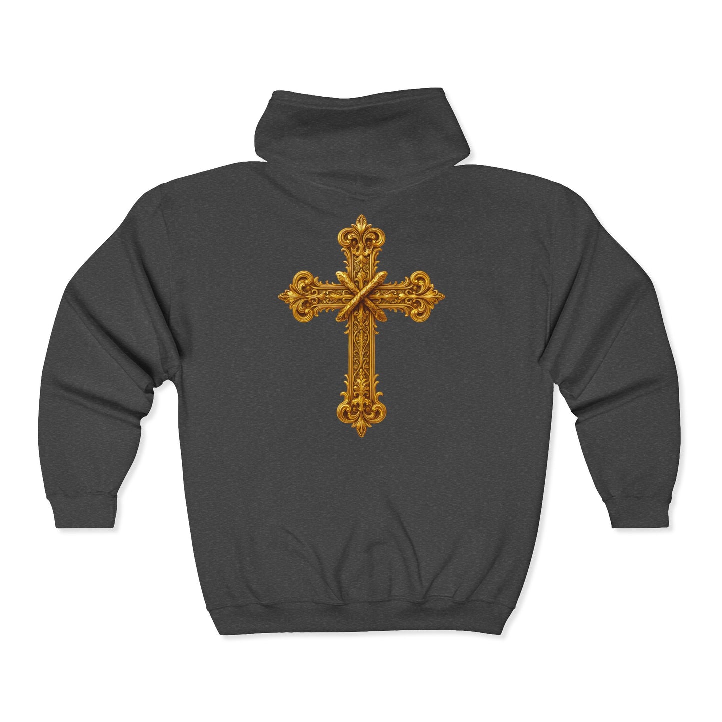 Men’s Ornate Gold Cross Zip-Up Hoodie – Spiritual Elegance & Comfort