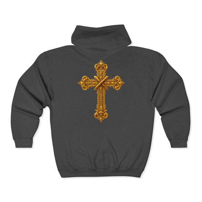 Men’s Ornate Gold Cross Zip-Up Hoodie – Spiritual Elegance & Comfort