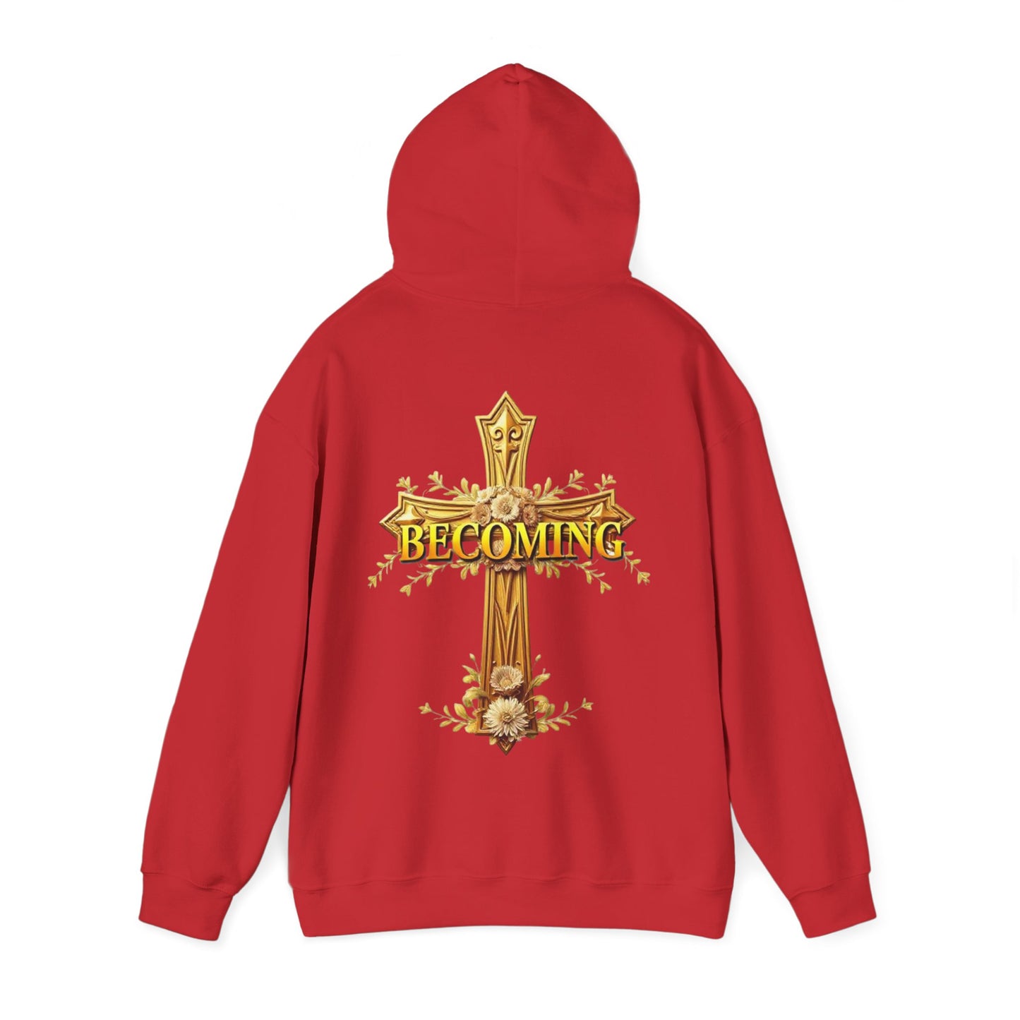 Becoming Women’s Faith Hoodie – Gold Cross Edition (1 Corinthians 15:49)