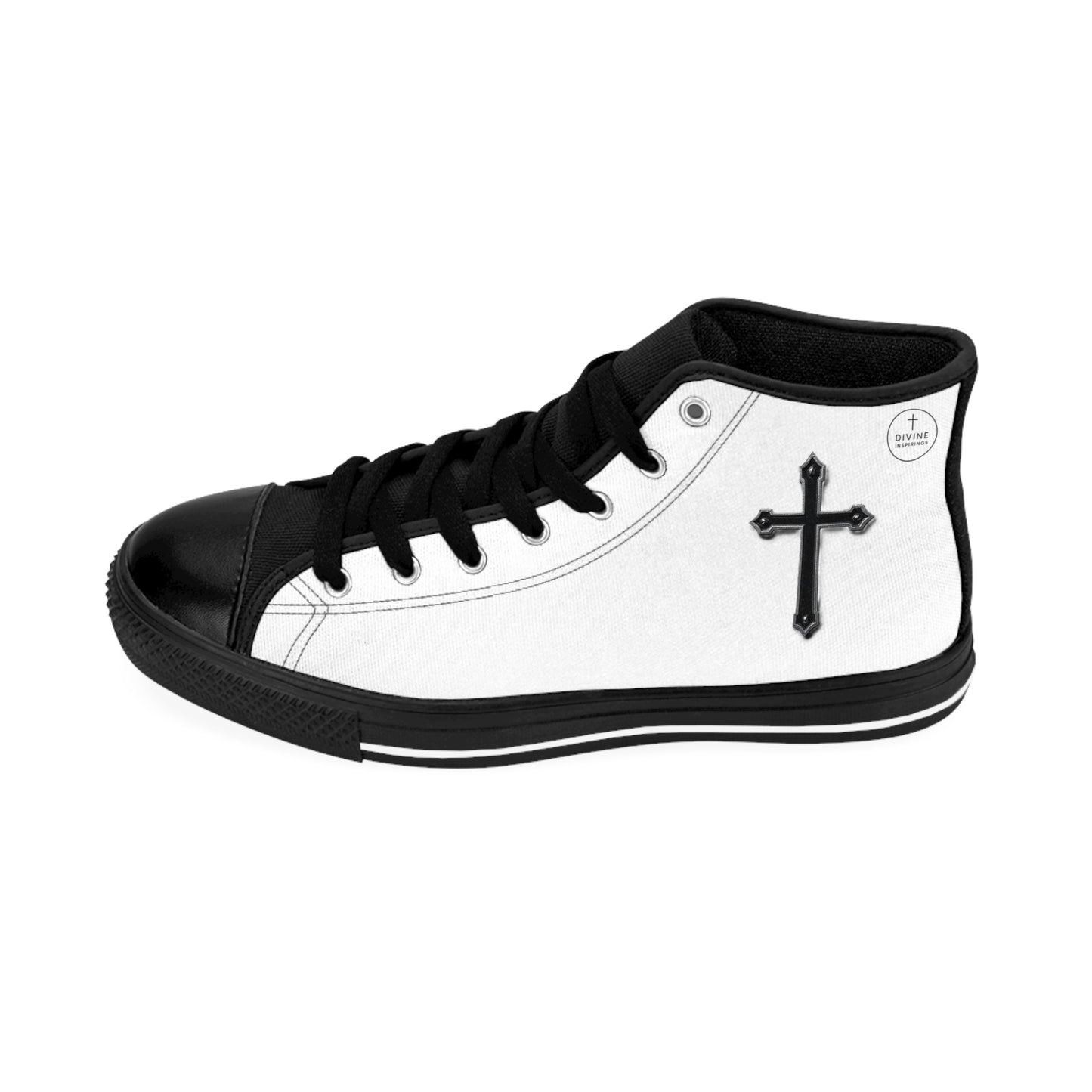 Faithful Stride Shadow – Men’s White High-Top Sneakers with Black Cross, Black Sole & Tongue