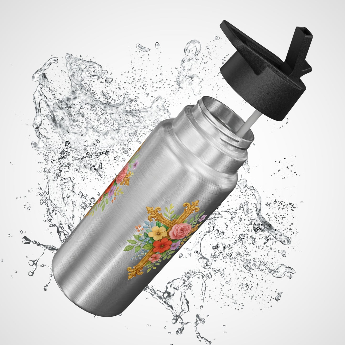 Floral Cross Stainless Steel Gator Tumbler – Faith-Inspired Hydration