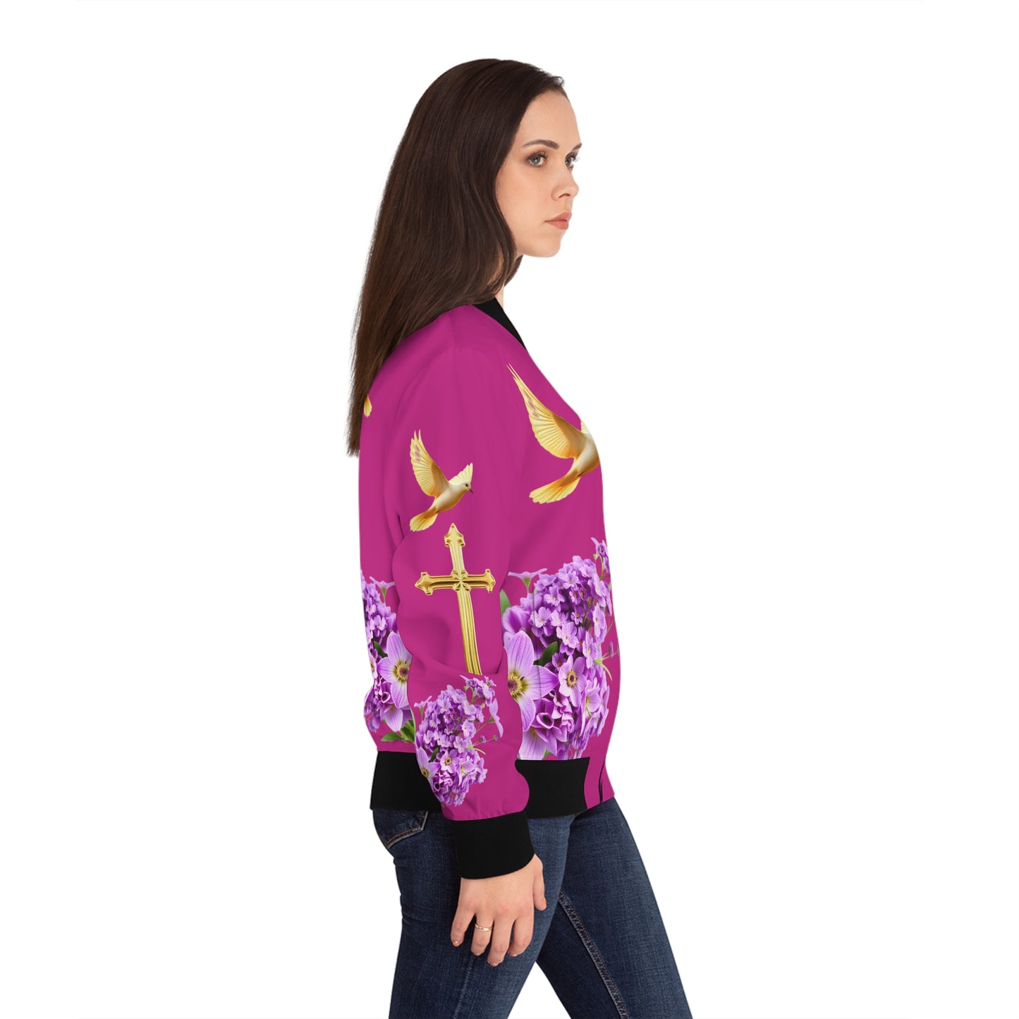 Heavenly Ascent – Gold Cross & Doves Women’s Bomber Jacket in Fuchsia