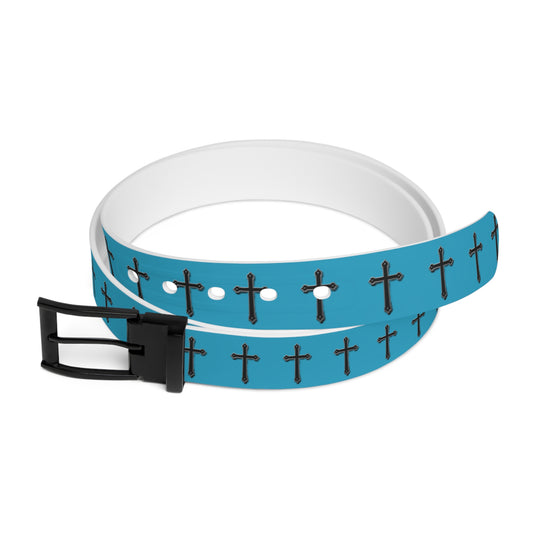 Shield of Faith Belt in Turquoise – Black Cross Pattern
