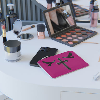 “Shadowed Faith” | Women’s Mini Clutch in Fuchsia – Black Cross with Flanking Crows