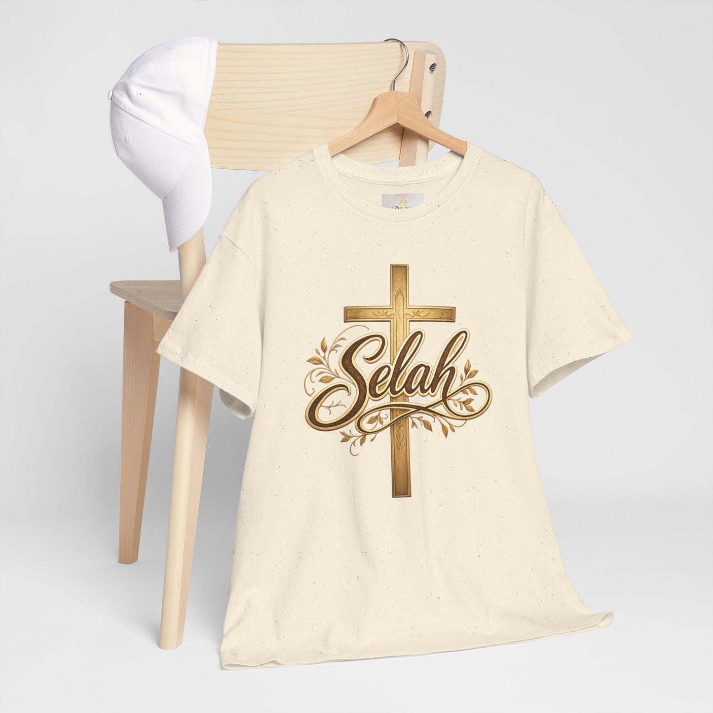 Selah Cross Tee — Women's Christian T‑Shirt with Gold Script