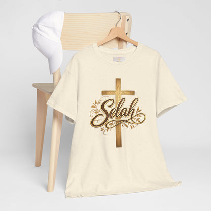 Selah Cross Tee — Women's Christian T‑Shirt with Gold Script