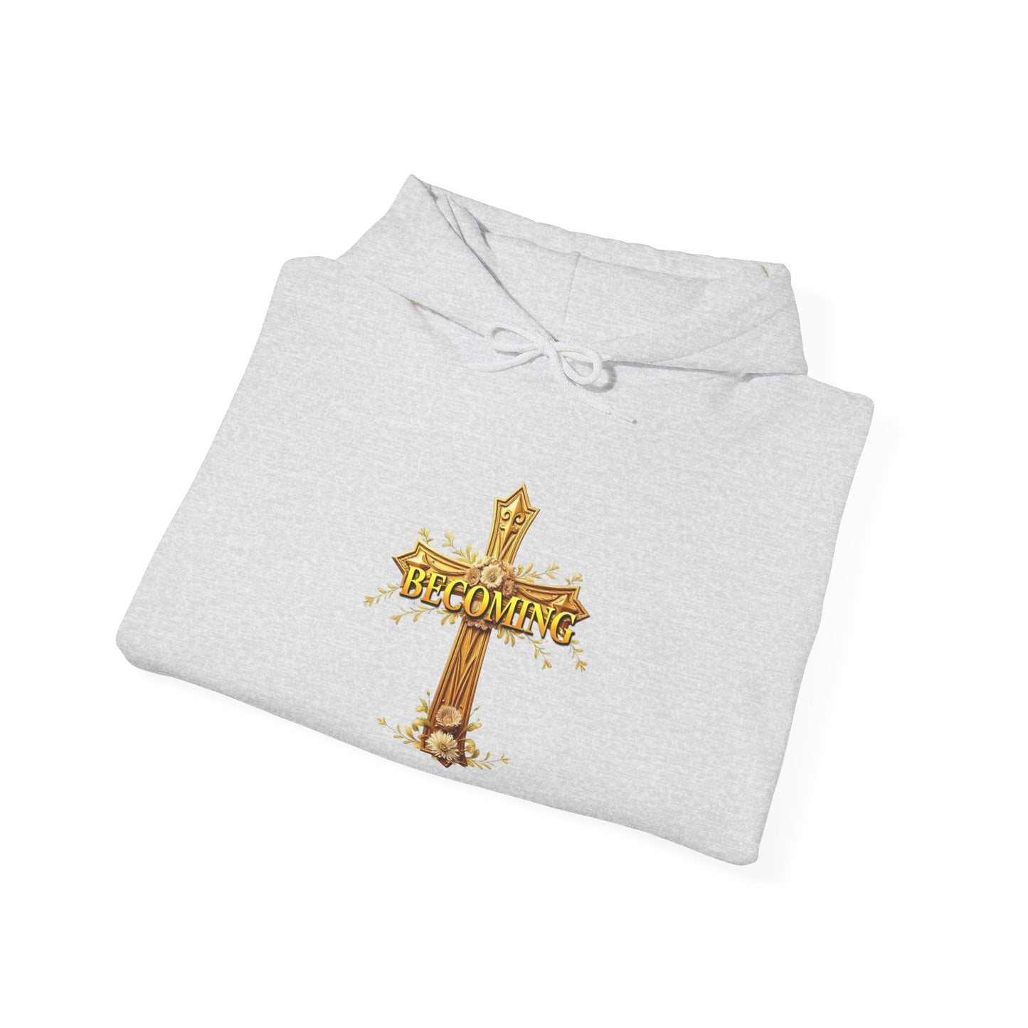 Becoming Women’s Faith Hoodie – Gold Cross Edition (1 Corinthians 15:49)