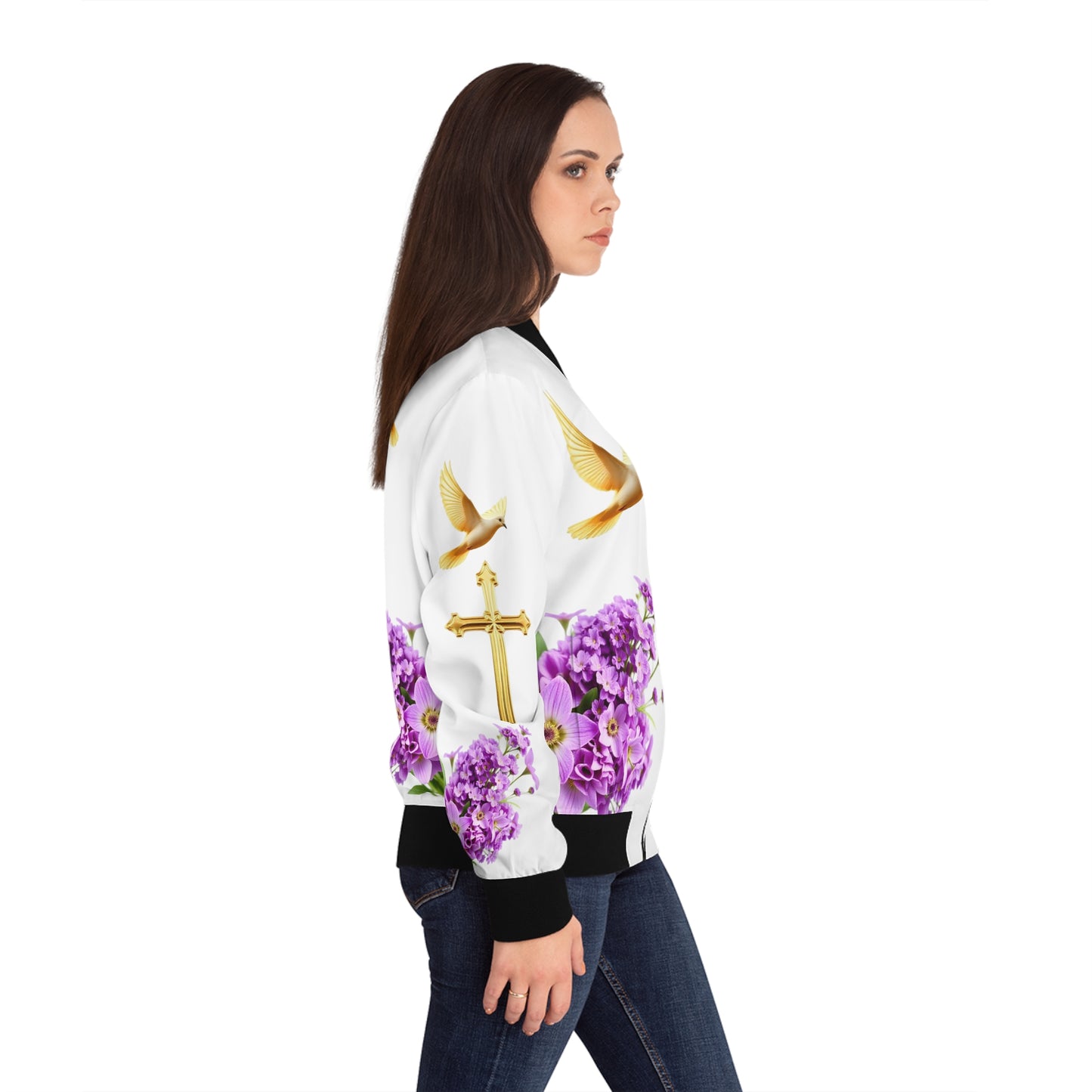 Heavenly Ascent – Gold Cross & Doves Women’s Bomber Jacket