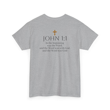 “The Word Eternal” – Men’s Christian Tee with Bold Dark Lettering (John 1:1)
