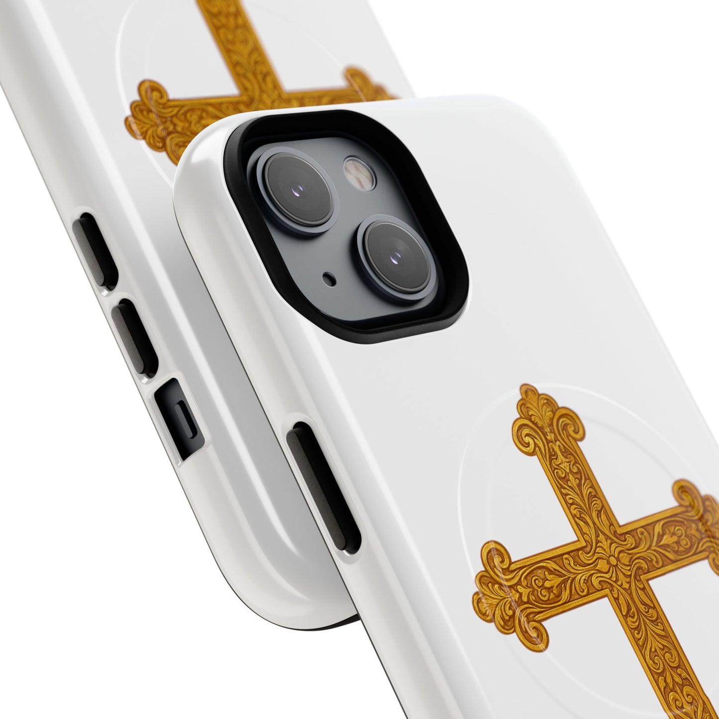 Gold Cross on White Magnetic Tough Case for iPhone – Strength in Faith