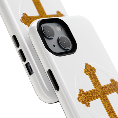 Gold Cross on White Magnetic Tough Case for iPhone – Strength in Faith