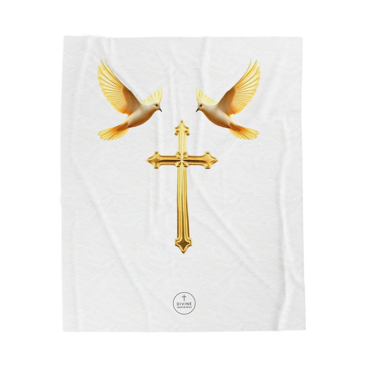 Divine Harmony Plush Blanket – Gold Cross with Doves on White