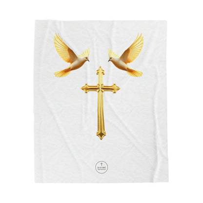 Divine Harmony Plush Blanket – Gold Cross with Doves on White