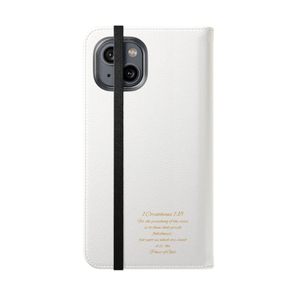 White Wallet Case – Gold Cross with 1 Corinthians 1:18 for iPhones