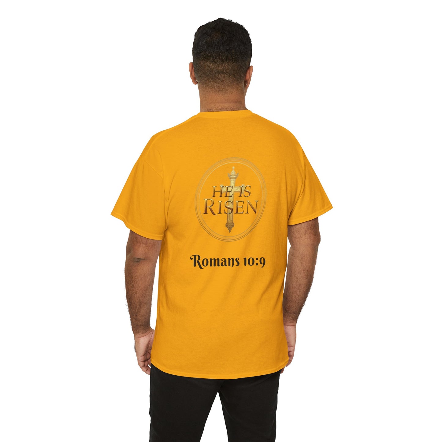 Men’s Romans 10:9 Christian T-Shirt – Jesus Is Lord & He Is Risen (Dark Lettering)