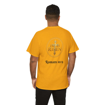 Men’s Romans 10:9 Christian T-Shirt – Jesus Is Lord & He Is Risen (Dark Lettering)