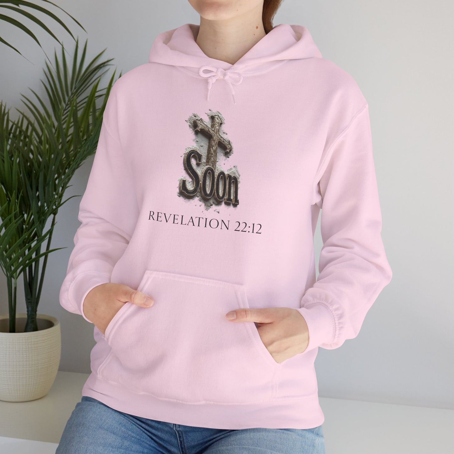 Christian Women’s Hoodie – Soon Cross Hoodie with Revelation 22:12 (Dark Lettering)