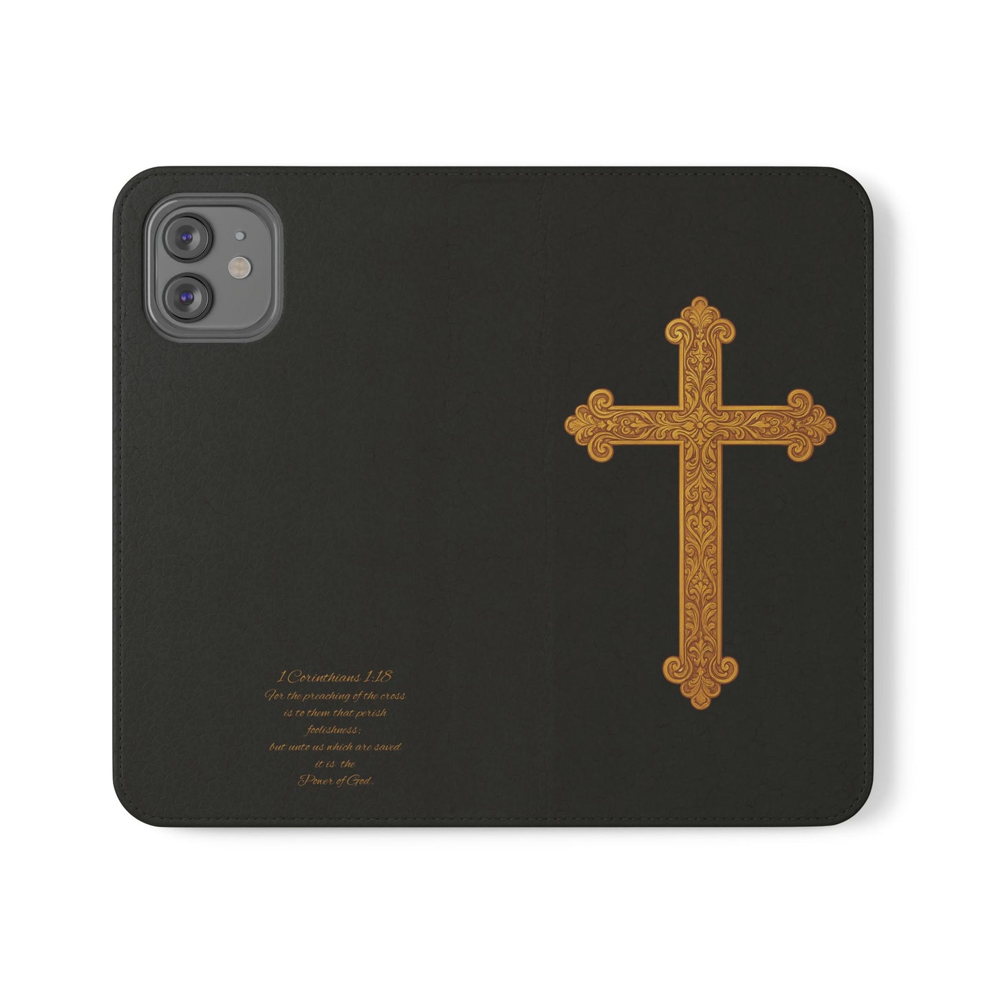 Black with Gold Cross & 1 Corinthians 1:18 - iPhone Flip/Wallet Phone Case