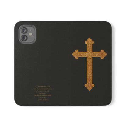 Black with Gold Cross & 1 Corinthians 1:18 - iPhone Flip/Wallet Phone Case