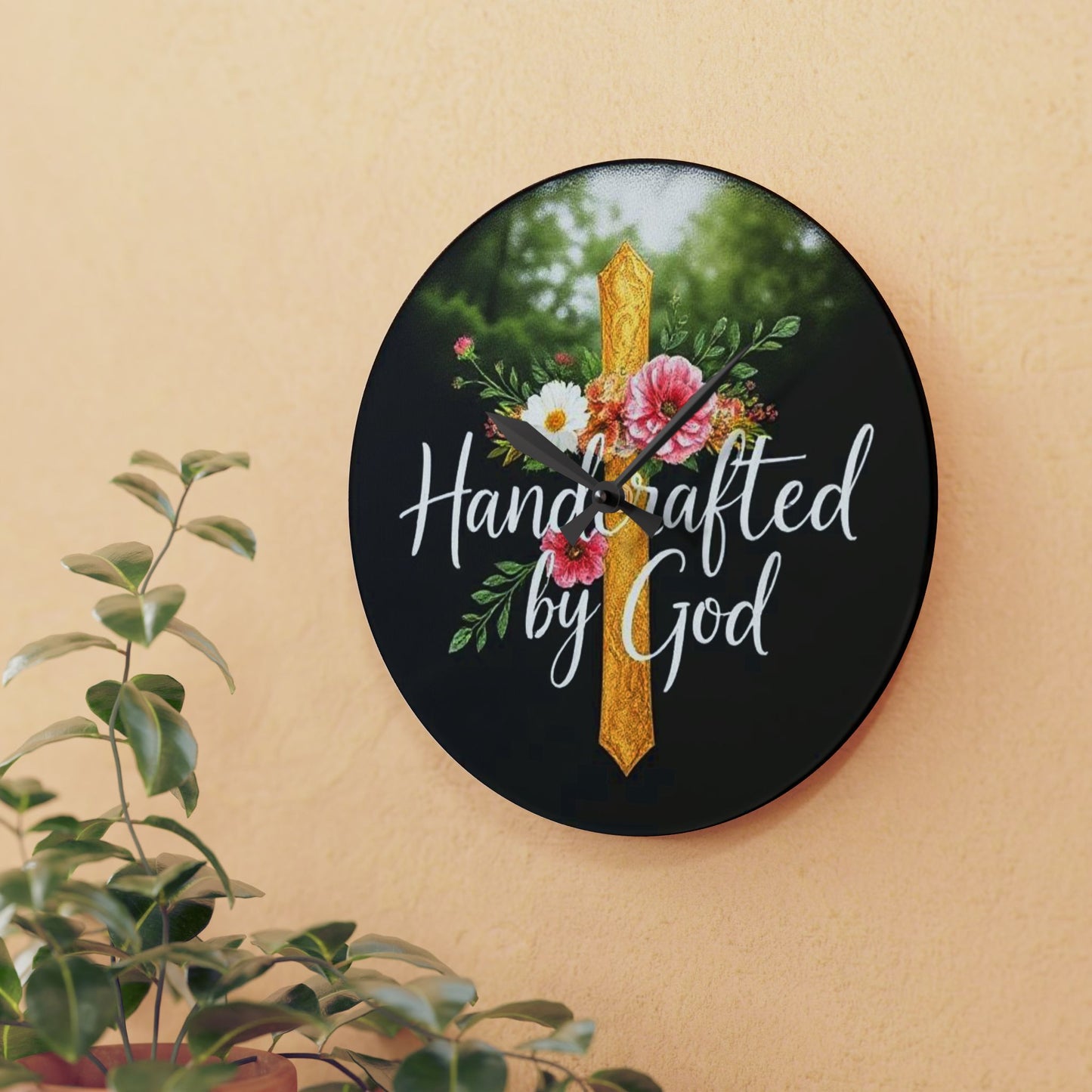 "Handcrafted by God" Wooden Wall Clock – Inspirational Faith Decor