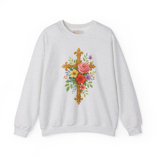 Golden Floral Cross Women’s Sweatshirt – Grace in Full Bloom