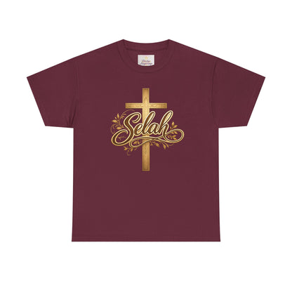 Selah Cross Tee — Women's Christian T‑Shirt with Gold Script