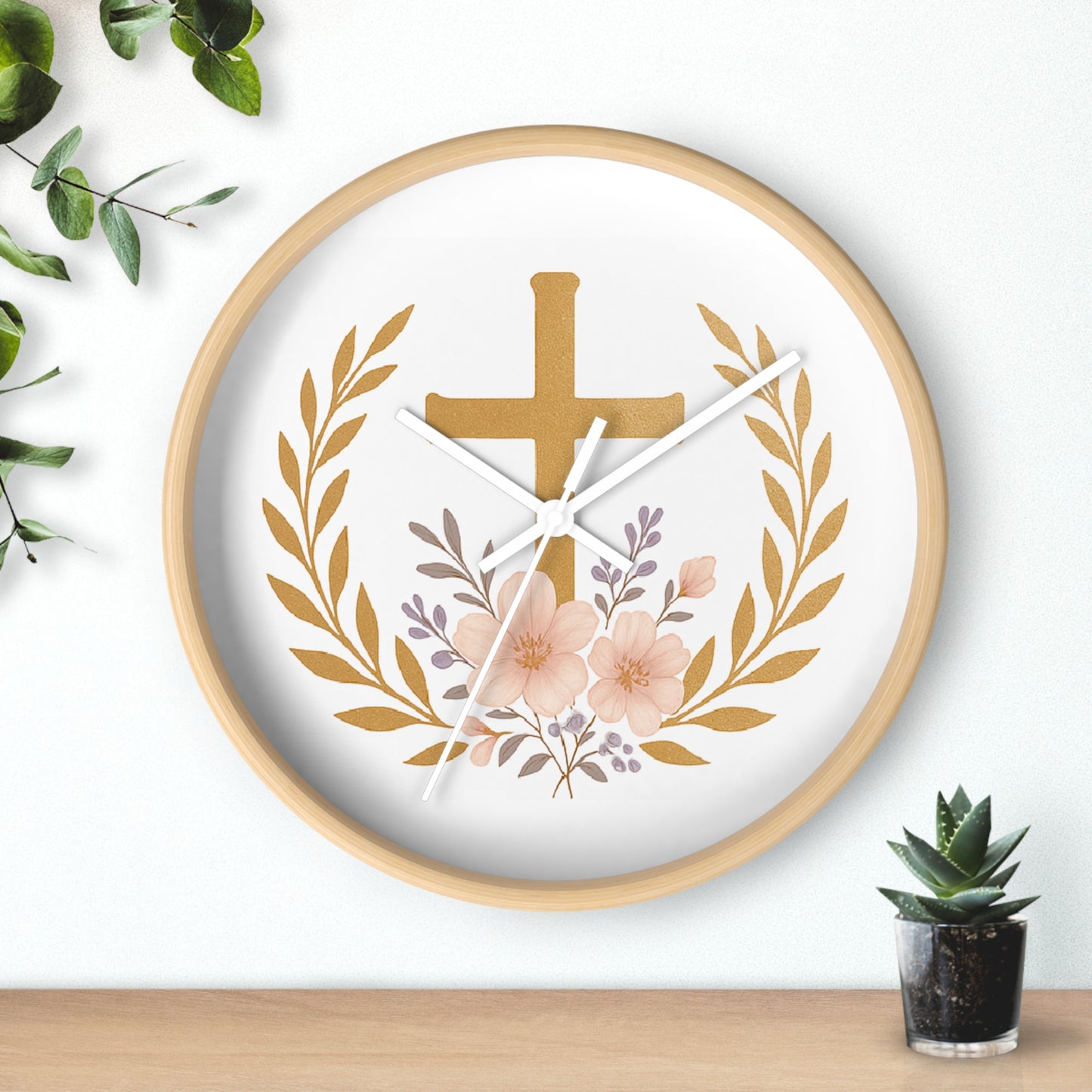 Serene Cross & Laurel Wreath Wooden Wall Clock – Faith-Inspired Decor