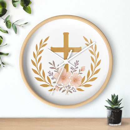 Serene Cross & Laurel Wreath Wooden Wall Clock – Faith-Inspired Decor