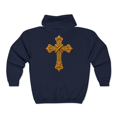 Men’s Ornate Gold Cross Zip-Up Hoodie – Spiritual Elegance & Comfort