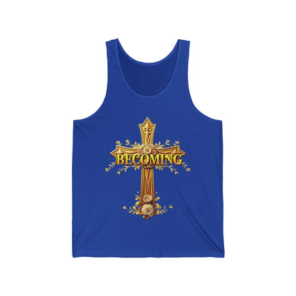 Becoming Women’s Tank Top – Gold Cross Edition (1 Corinthians 15:49