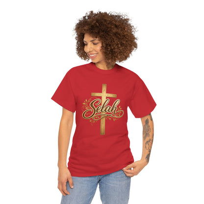 Selah Cross Tee — Women's Christian T‑Shirt with Gold Script