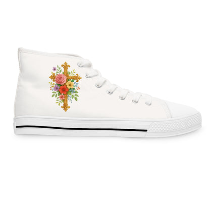 Faith in Bloom – Women’s White High-Top Sneakers with Floral Cross