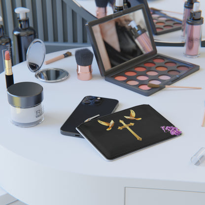 “Heaven’s Embrace” | Women’s Mini Clutch in Black – Gold Cross with Flying Doves