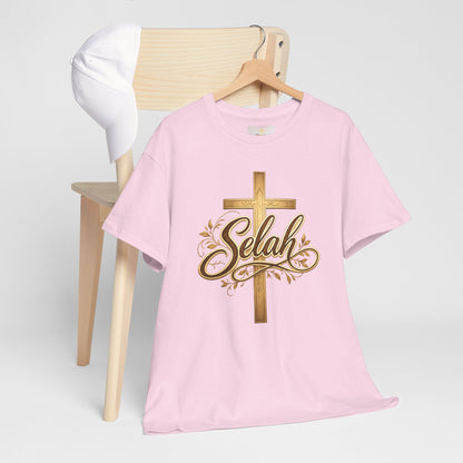 Selah Cross Tee — Women's Christian T‑Shirt with Gold Script