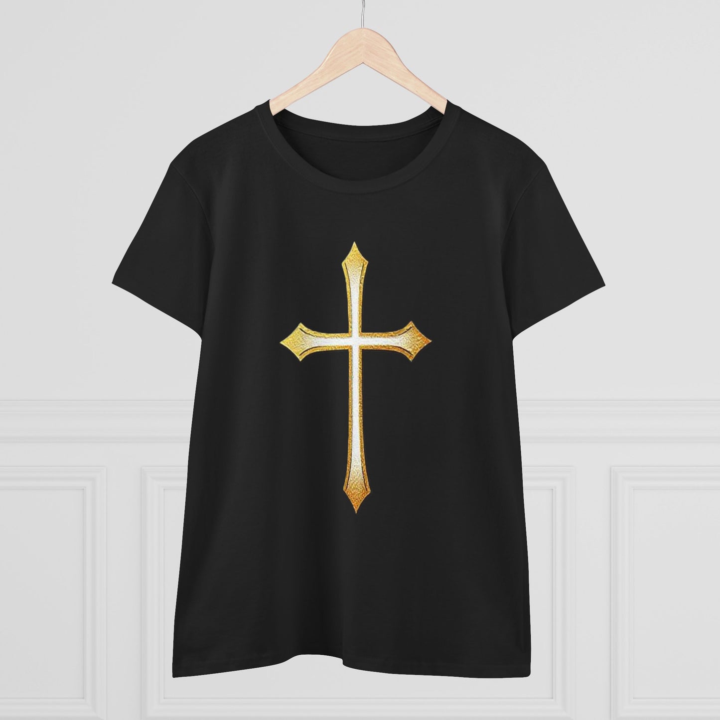 Women’s Gold Cross Tee – Christian Faith Shirt with Bold Cross Design