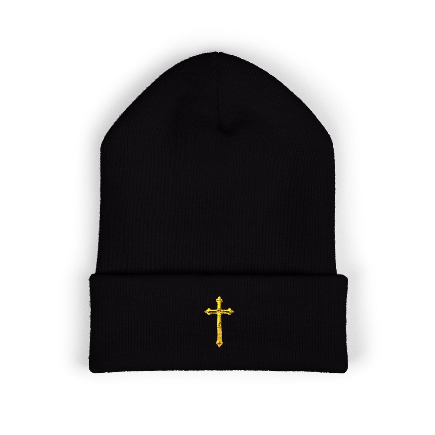 Golden Grace Cuffed Beanie – Embroidered Cross