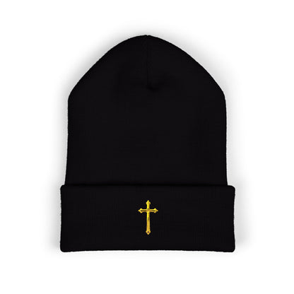 Golden Grace Cuffed Beanie – Embroidered Cross