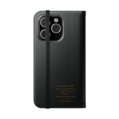 Black with Gold Cross & 1 Corinthians 1:18 - iPhone Flip/Wallet Phone Case