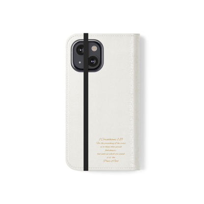 White Wallet Case – Gold Cross with 1 Corinthians 1:18 for iPhones
