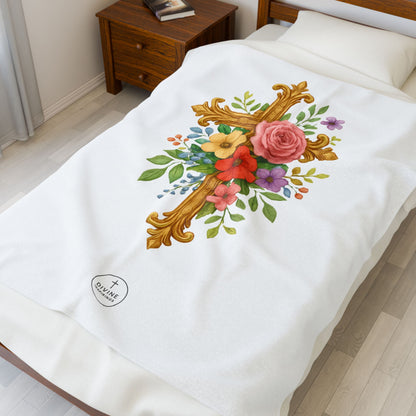 Blooming Faith Plush Blanket – Floral Cross Design